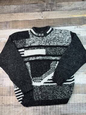 90s Street Scenes Mens M Gray Ski Sweater Geometric Striped Wool Blend Crewneck